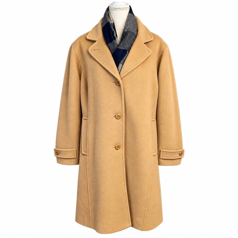 LL Bean Womens Longline Overcoat With Scarf Size 2X 100% Wool Thinsulate Tan